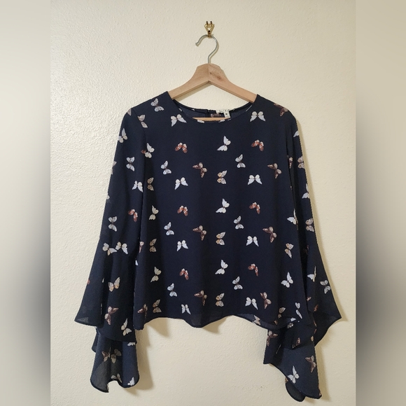 Emma & Olivia Tops - Elegant Navy Butterfly Print Blouse